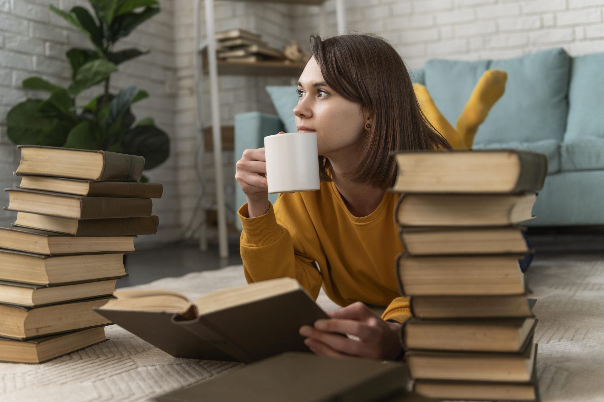 Mulher deitada no chão lendo um livro e segurando uma xicara de café.
