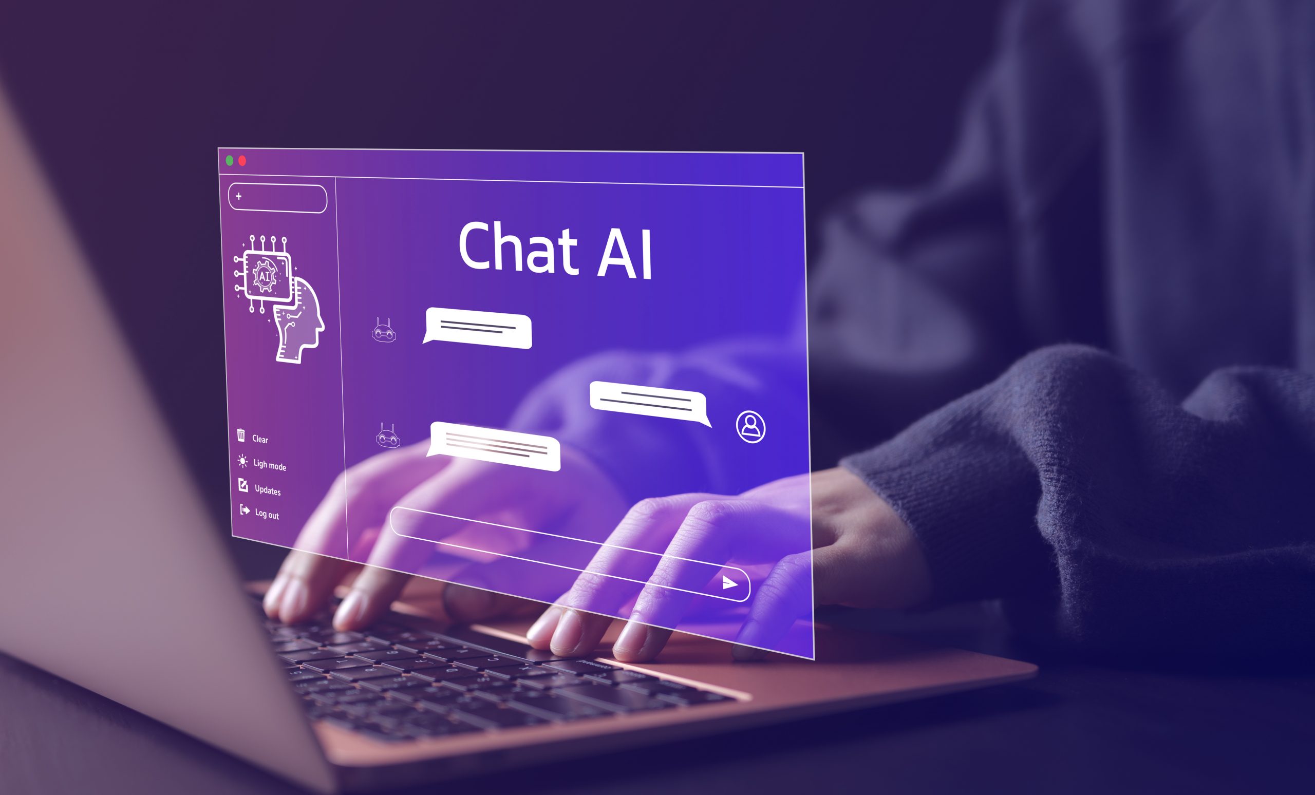 Interação humano-computador: usuário digitando em um chatbot AI