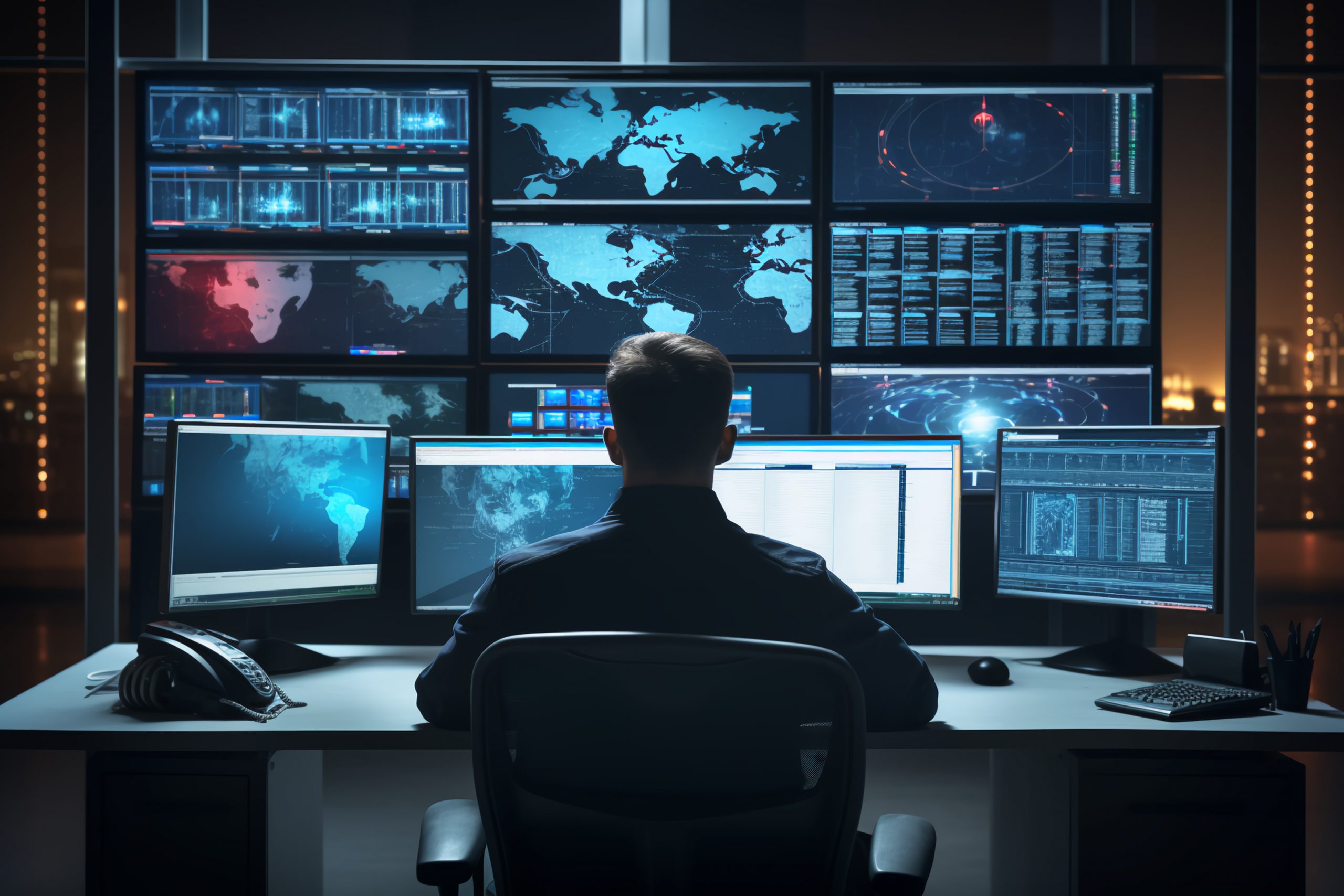 Homem sentando em frente a várias telas de computador