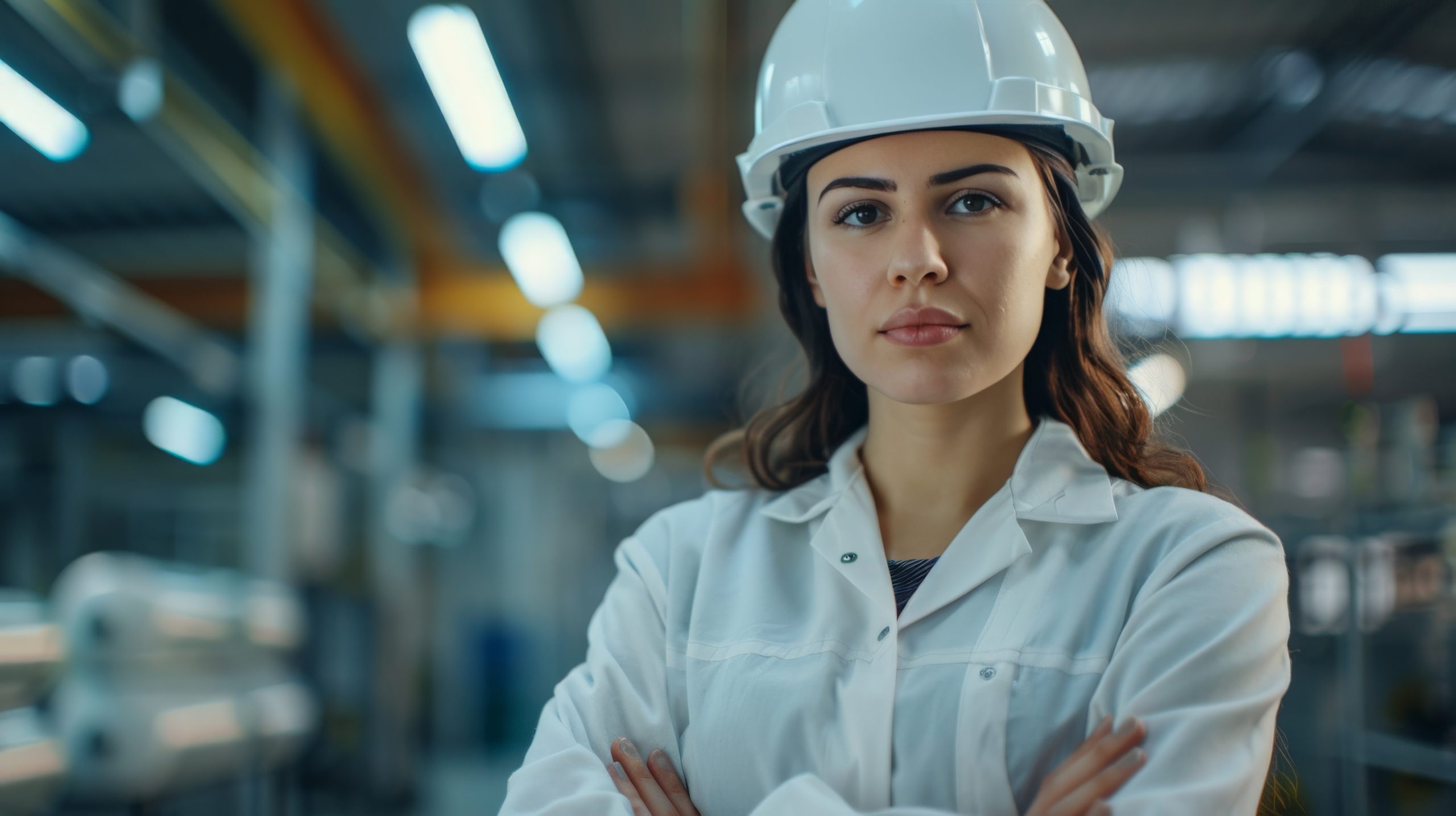Jovem mulher com um capacete de engenharia branco.
