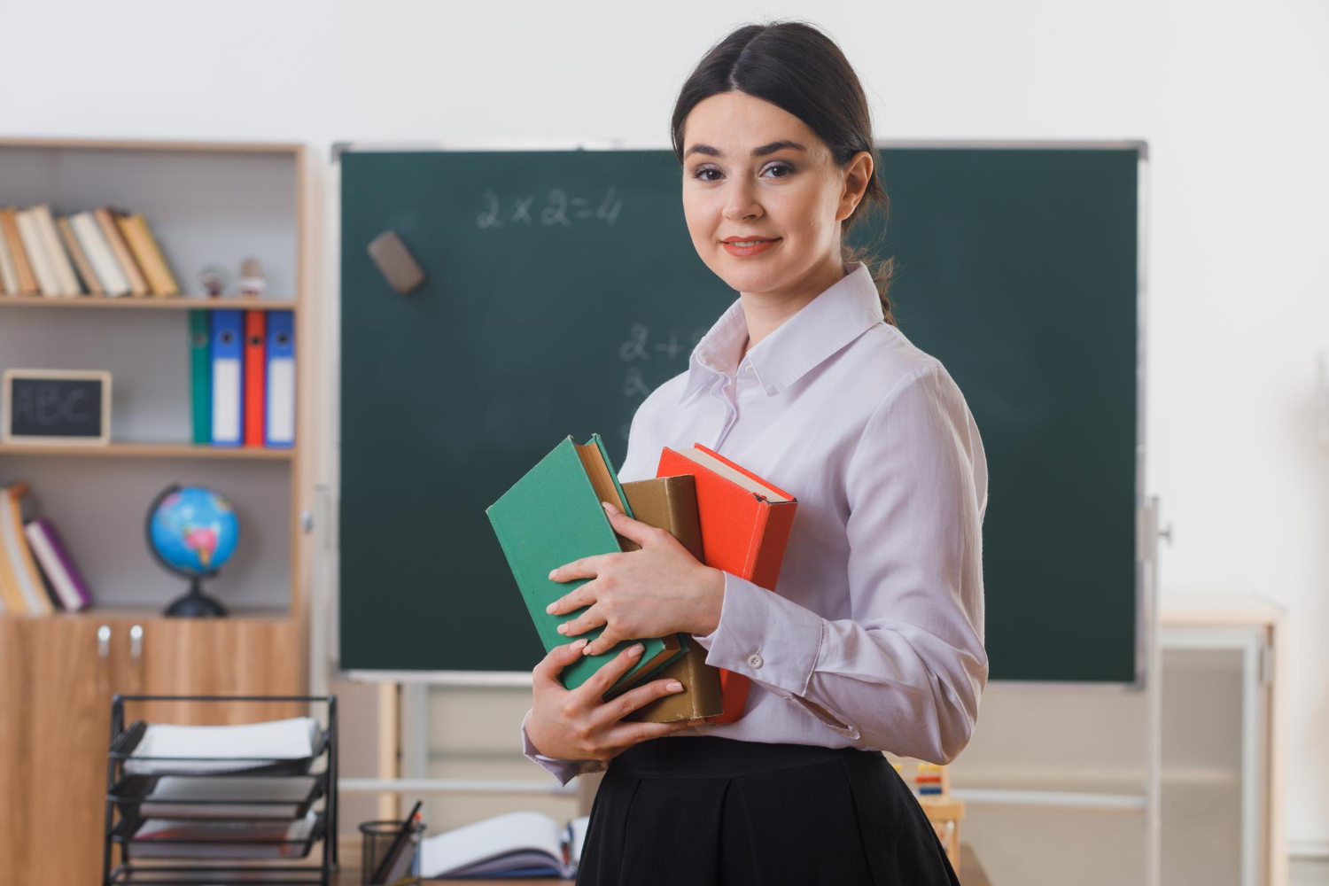 Mulher em uma sala de aula segurando alguns livros