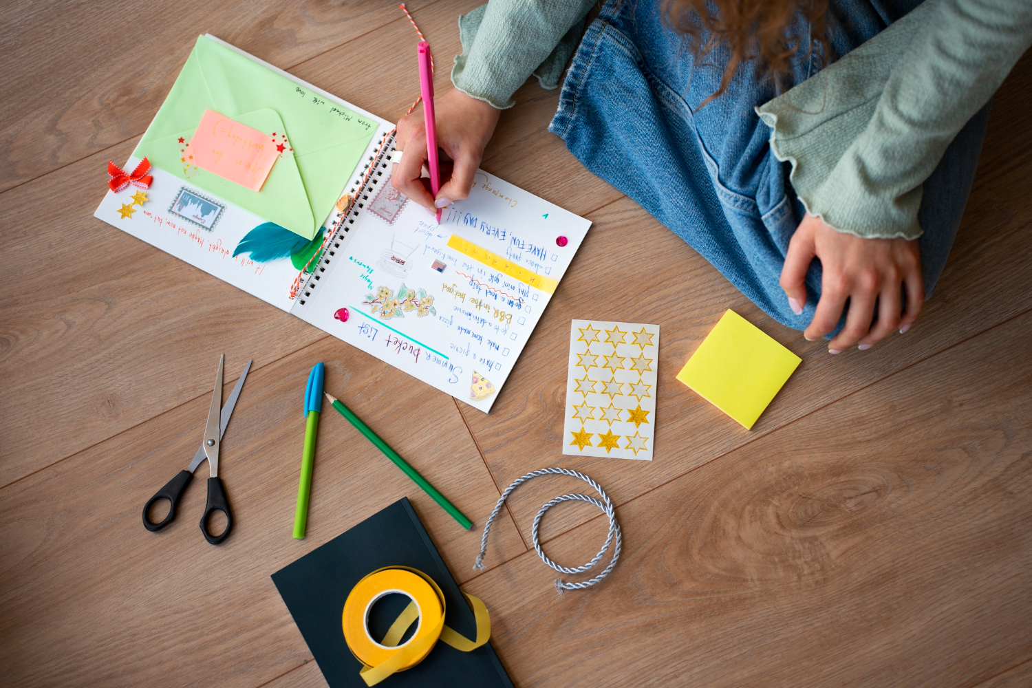 Mulher escrevendo em um caderno com alguns materiais em volta