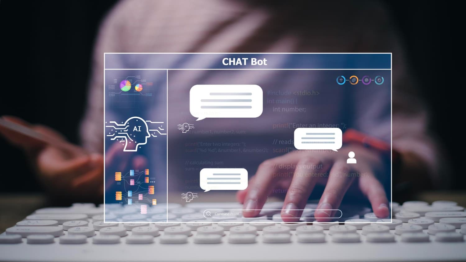 Pessoa utilizando um teclado de computador com uma tela holográfica mostrando o uso do ChatGPT para redação na produção de textos automatizados e eficientes.