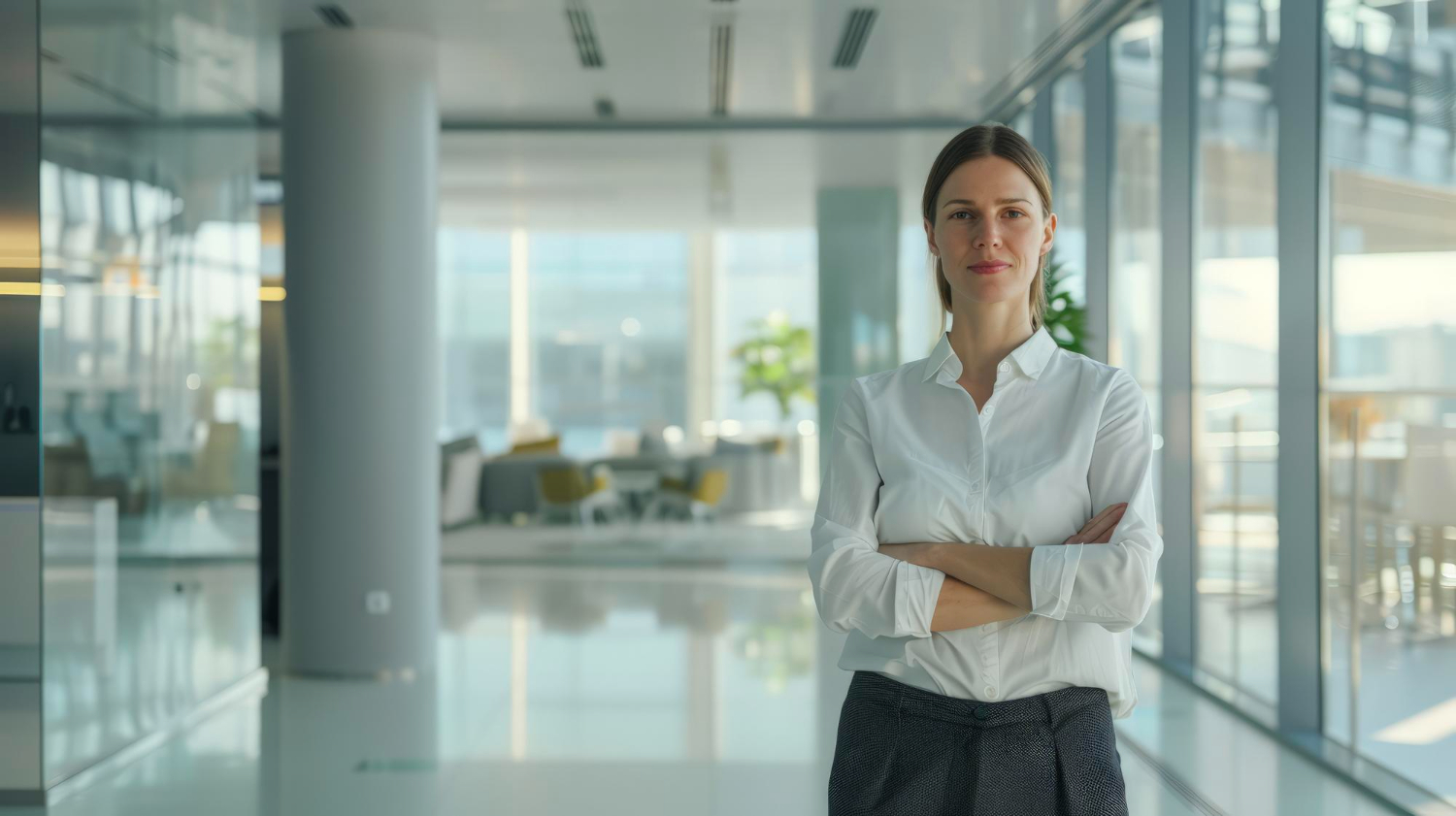 Gerente de reabilitação em pé de braços cruzados em uma sala.