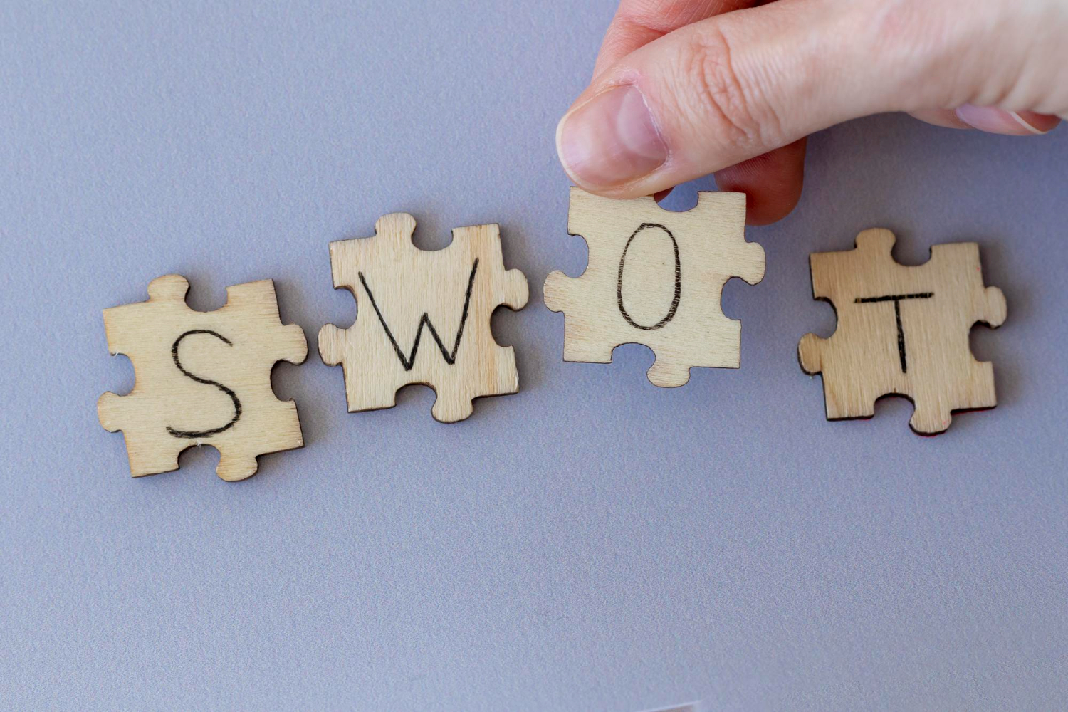 Algumas peças de quebra cabeça formando a palavra swot.