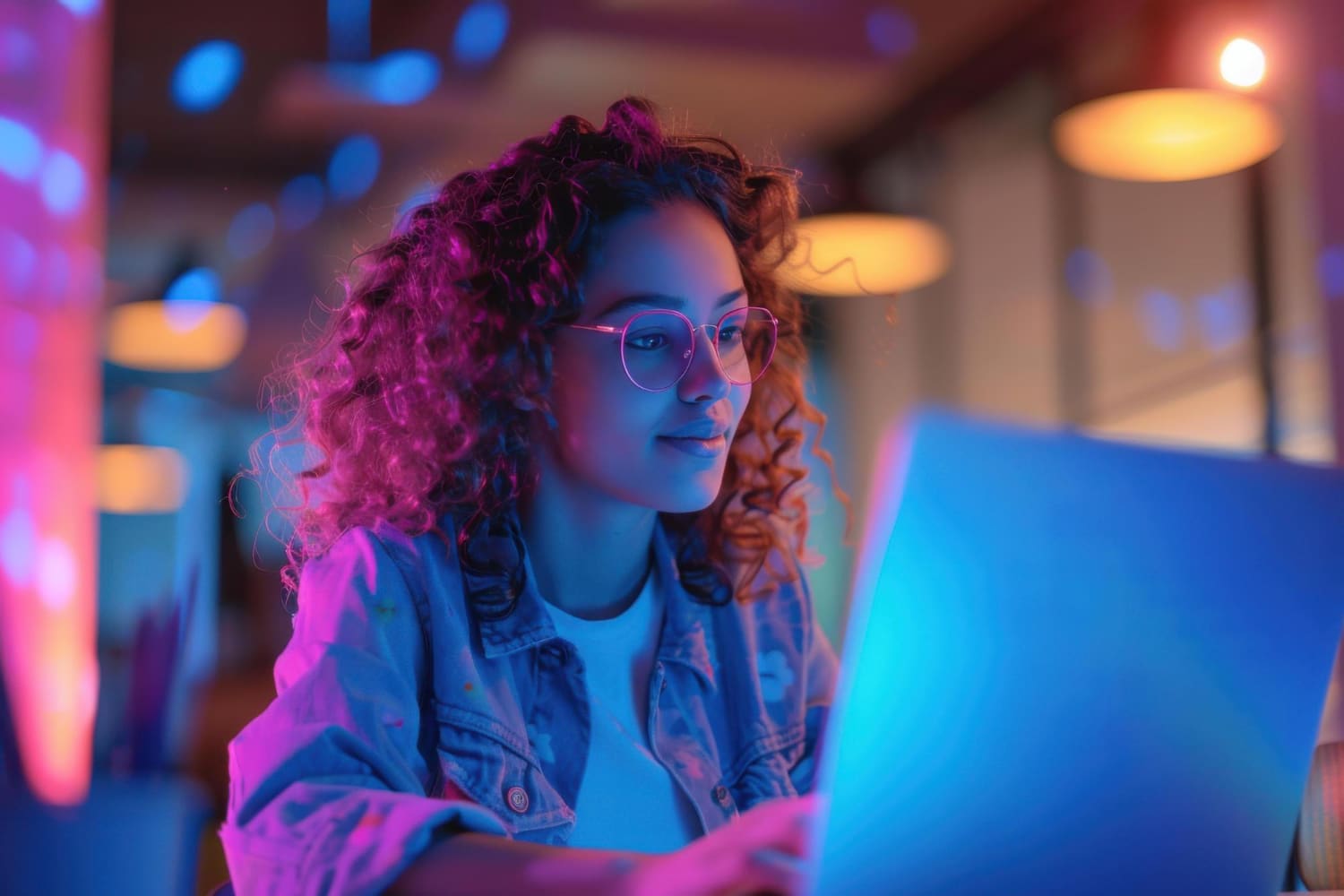 imagem gerada por inteligencia artificial representando uma mulher jovem em frente a um notebook