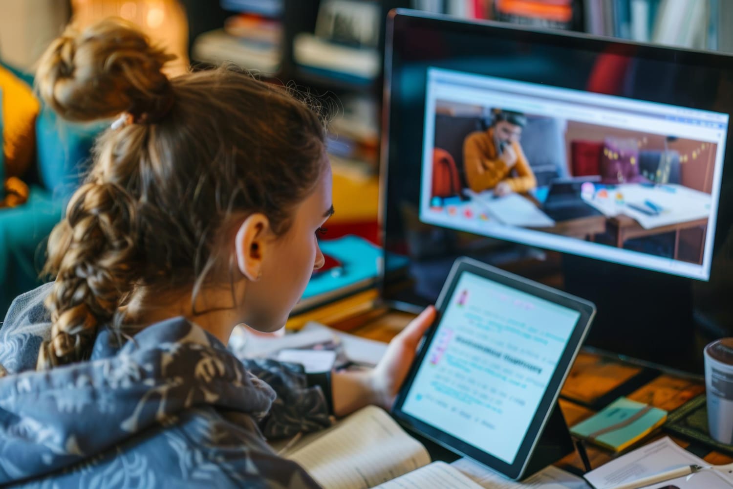 imagem gerada por inteligência artificial com representação de uma jovem estudando no computador ao mesmo tempo que acessa o tablet e tem cadernos abertos em sua mesa