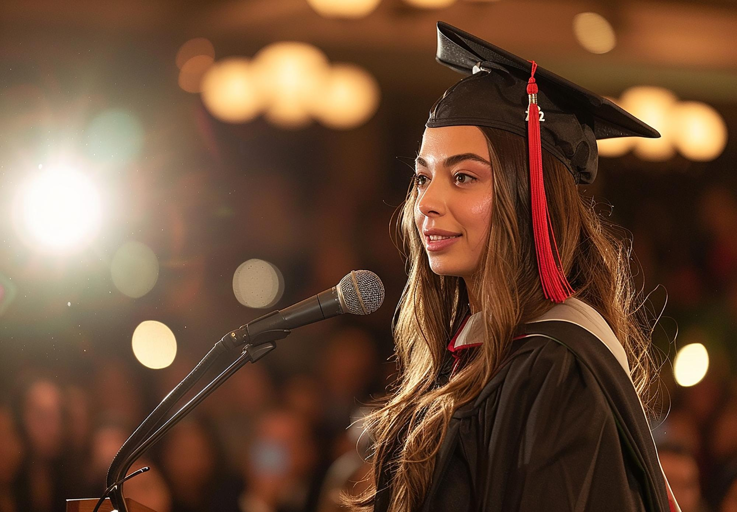 imagem gerada por inteligencia artificial representando uma mulher no dia da formatura falando no microfone